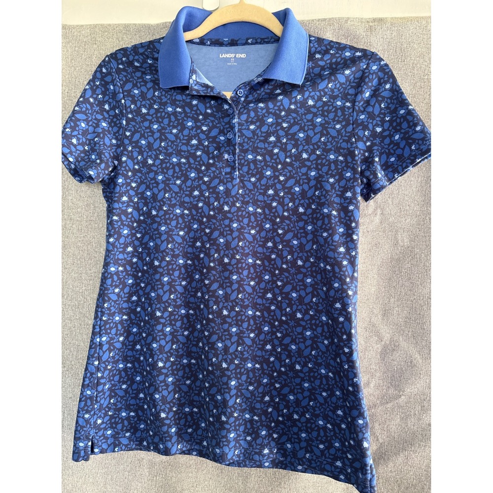 Lands End Womens Blue Floral Pique Polo Shirt Short‎ Sleeve Navy XS 2-4